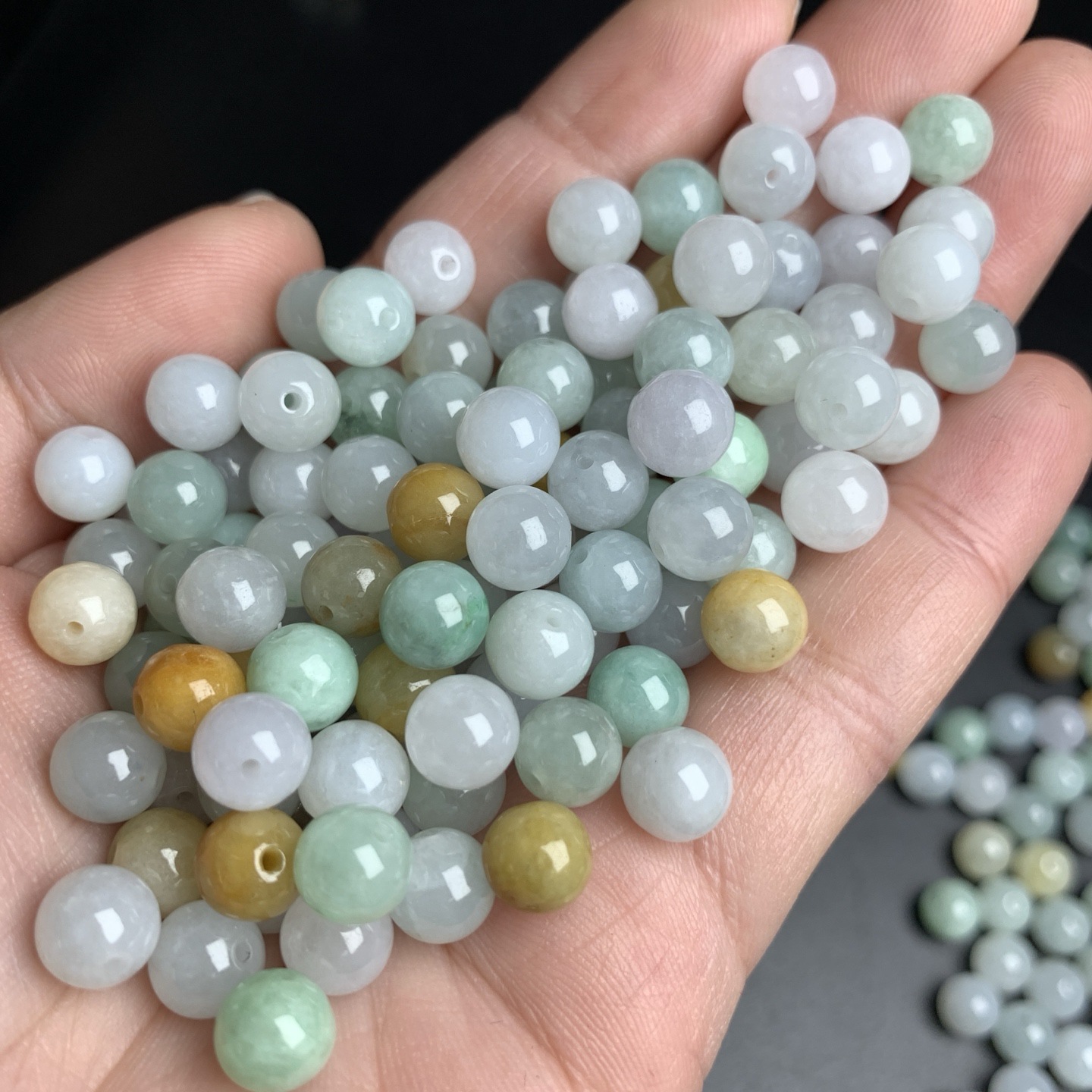 缅甸玉翡翠A货冰糯种三彩色圆珠散珠玉石玉器配饰直播间热卖批发