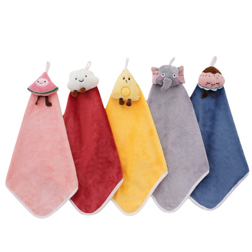 Coral velvet hanging towel cartoon plush hand towel cute thickened water-absorbent lint-free children's square towel wholesale