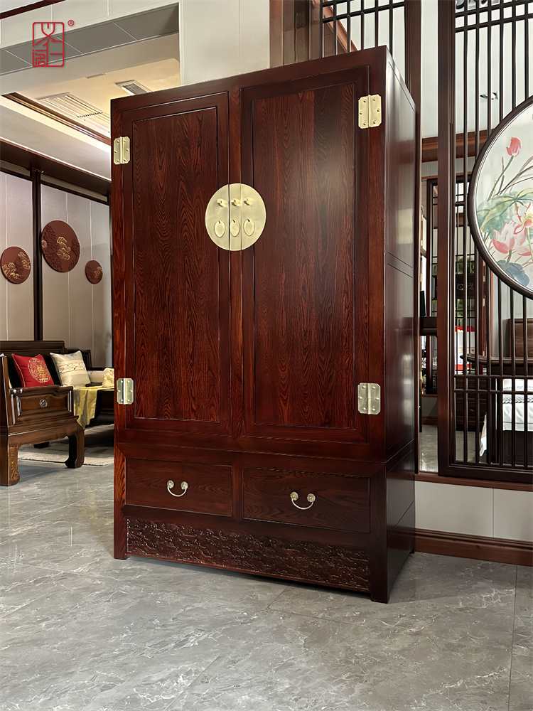 Chinese Old Elm Wardrobe Pure Solid Wood Bedroom Large Wardrobe Imitation Classical Home Storage Top Box Cabinet