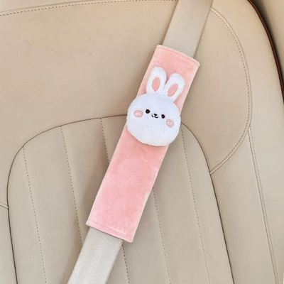 Cute car seatbelt shoulder pad decoration for children, car-mounted anti-neck-strangling baby protector with adjustable strap (Seat belt shoulder pad) - plush-shoulder-pad-in-pink-with-cloud-rabbit-design