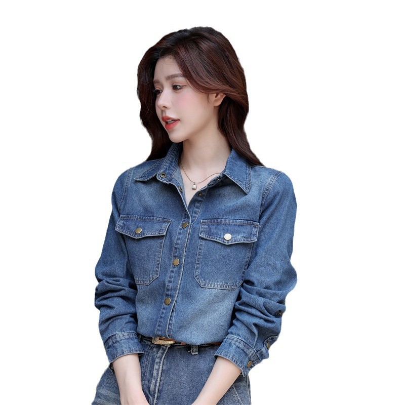 빈티지 데님 셔츠 여자의 2024 가을 새로운 작은 얇은 어깨 탑 느슨한 올 매치 재킷