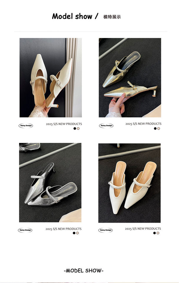 Sandal nữ bít mũi mũi nhọn gót nhỏ kiểu mule quai hậu thanh lịch — Màu bạc, Màu trắng be, Màu vàng chi tiết 8