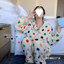 少女可爱彩色波点珊瑚绒睡衣女冬季连帽加绒加厚保暖家居服套装冬