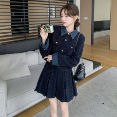 小香风拼接外套女短款2025年秋新款款韩版气质时尚百褶裙两件套装