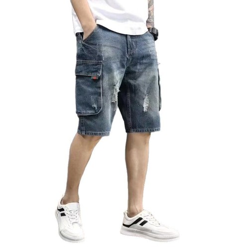 Summer casual multi-pocket loose denim shorts for men, trendy loose work pants, retro jeans, five-pocket shorts