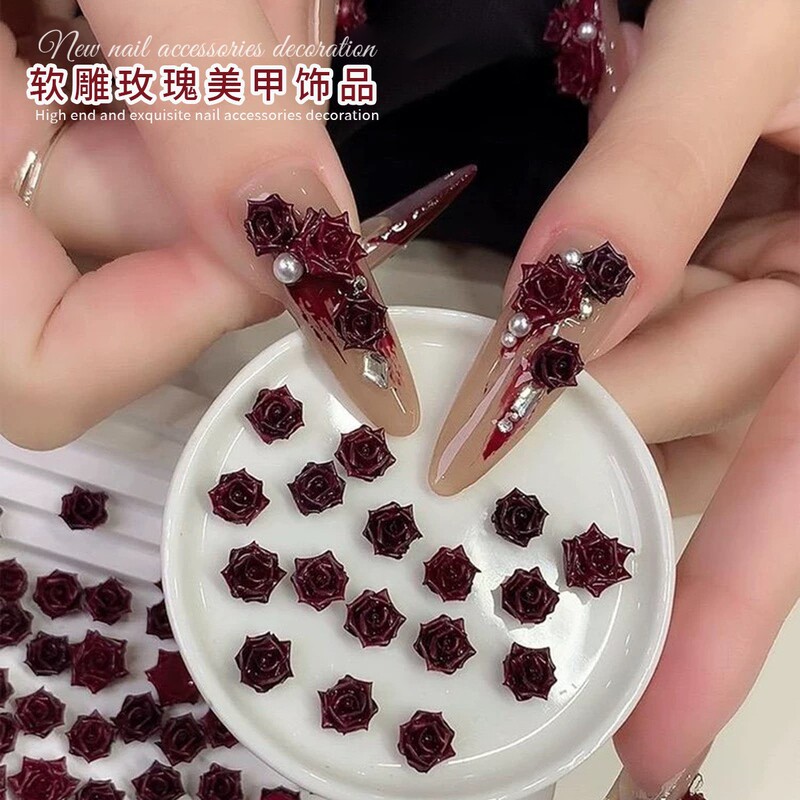 3D Cross-Border Tie-Dye Soft Carving Rose Wine Red Nail Art Jewelry High-End Camellia Nail Accessories Diamond Wholesale
