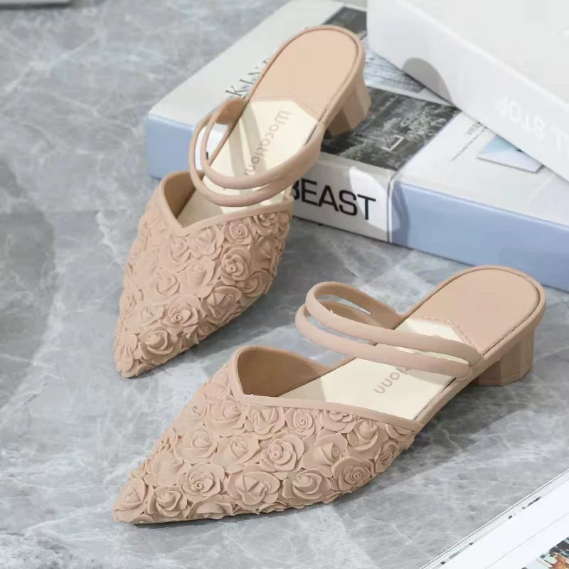 Ж women's slingback с низким блоком каблука, водостойкая пластиковая обувь, верх из цветочков с острым носком, EU 36–40