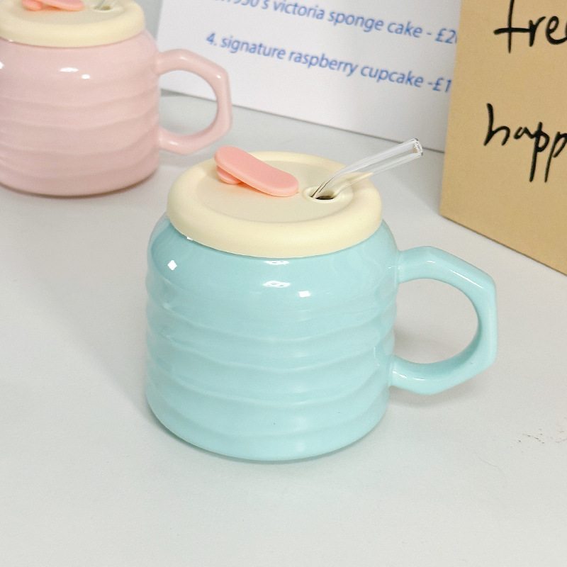Hermosas tazas de paja de cerámica, tazas de oficina en el hogar con tazas de agua cubiertas, tazas de gran capacidad para niñas, tazas esmaltadas para hombres
