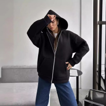 亚马逊女装跨境欧美2025秋冬纯色连帽运动衫长袖外套街头宽松卫衣