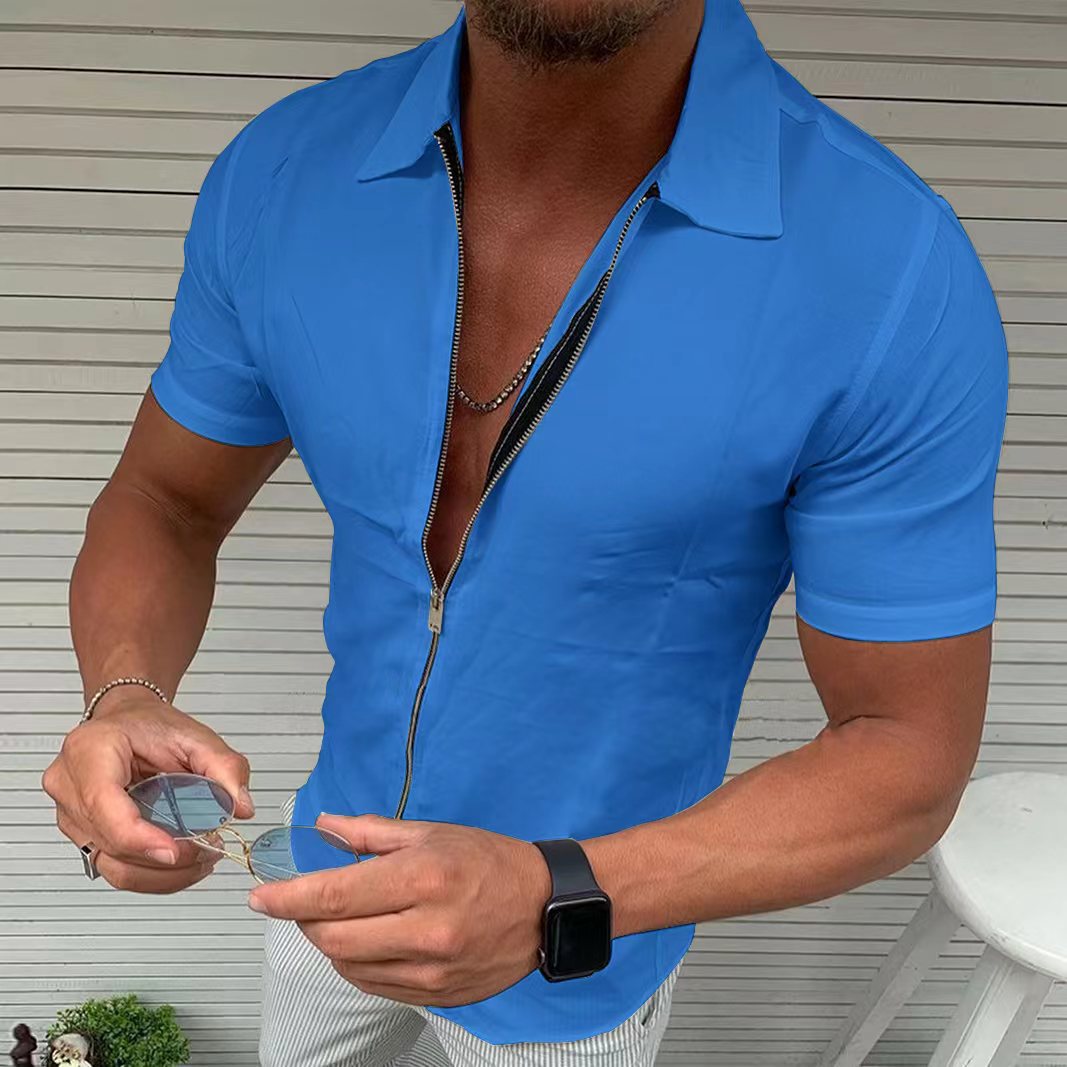 Comercio exterior 2022 verano transfronterizo de los hombres de color sólido cremallera camisa de manga corta de los hombres delgados de solapa casual cardigan top