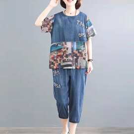 四面弹洋气减龄时尚套装夏天休闲大码女装两件套韩版宽松显瘦短袖