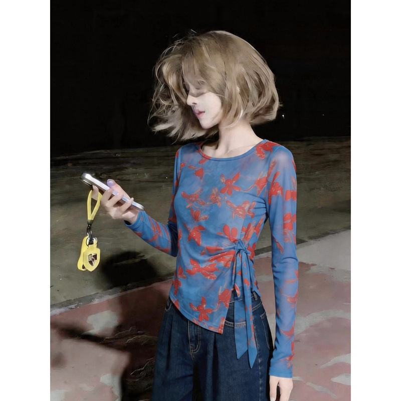 Blue Floral Print Mesh Round Neck Sun Protection Long-Sleeve T-Shirt for Women, Summer Thin Air-Conditioning Shirt with Tie Waist