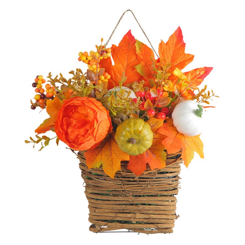 Cross-border 2023 nuevo Festival de la cosecha CESTA DE LA FLOR DE CALABAZA Golden Maple Leaf simulación cesta de flores colgante decoraciones de jardín al por mayor