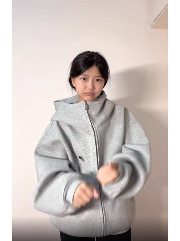 美式高街潮牌灰色高领连帽卫衣女春秋宽松高级感休闲情侣百搭外套|undefined