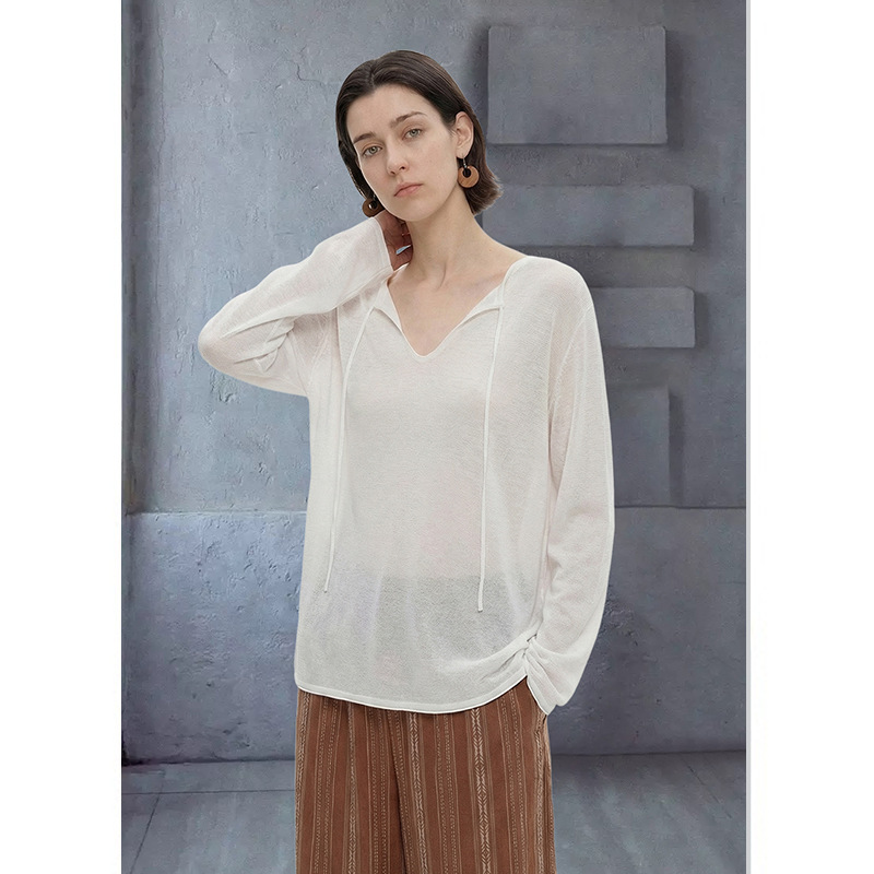 Luo Ke ▪ Bamboo Linen V-Neck Tie-Up Long-Sleeve T-Shirt, Loose Fit, Slimming, Sun-Protective Cover-Up, Thin Versatile Plus-Size Knit Top. Luo Ke ▪ Bamboo Linen V-Neck Tie-Up Long-Sleeve T-Shirt, Loose Fit, Slimming, Sun-Protective Cover-Up, Thin Versatile Plus-Size Knit Top.