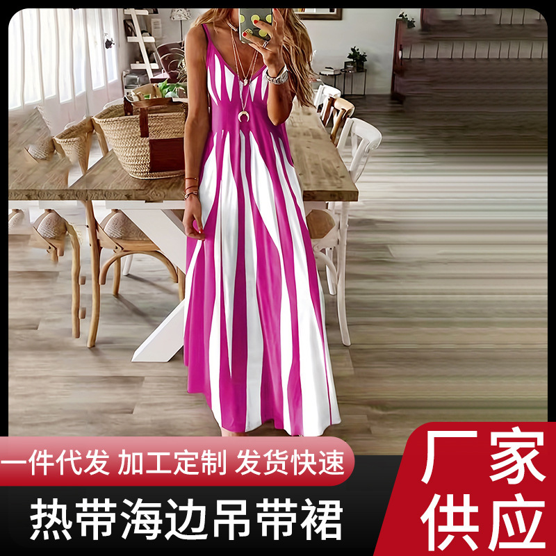 Cross-Border European and American Dress V-Neck Sleeveless Breathable Elastic Tropical Seaside Wide Shoulder Strap Summer Suspender Long Style