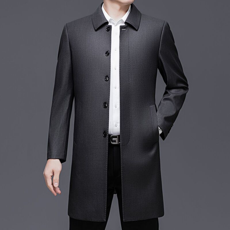 Branded men's mid-length silk trench coat, spring and autumn business casual high-end fashion jacket for middle-aged men