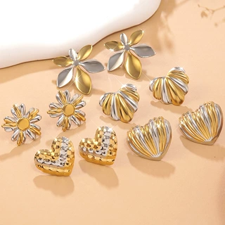不锈钢花朵耳环轻奢高级感欧美热销金银双色爱心耳钉小众设计感