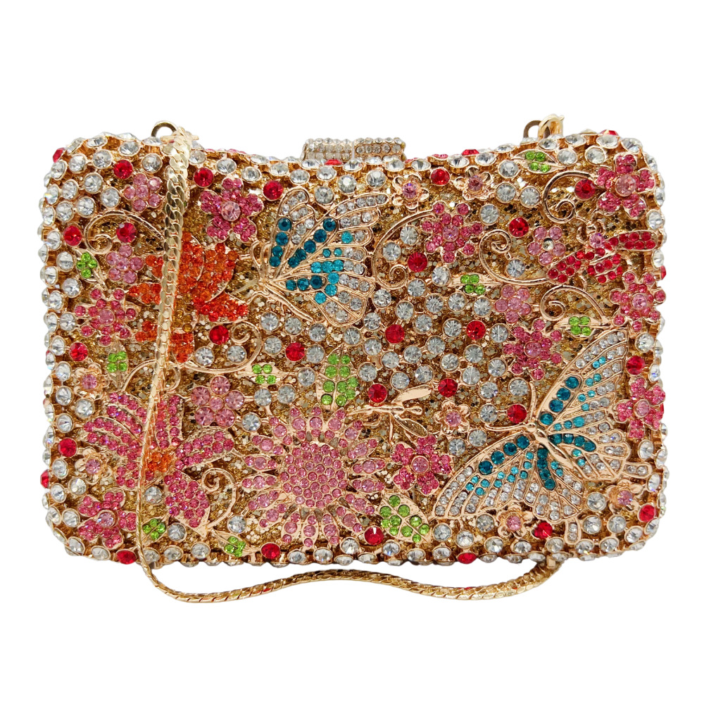 Túi clutch dạ hội đính đá kim cương hoa khoét lỗ, túi xách tay Crystal Clutch — Màu tím, Màu vàng kim, Màu bạc, Màu đen