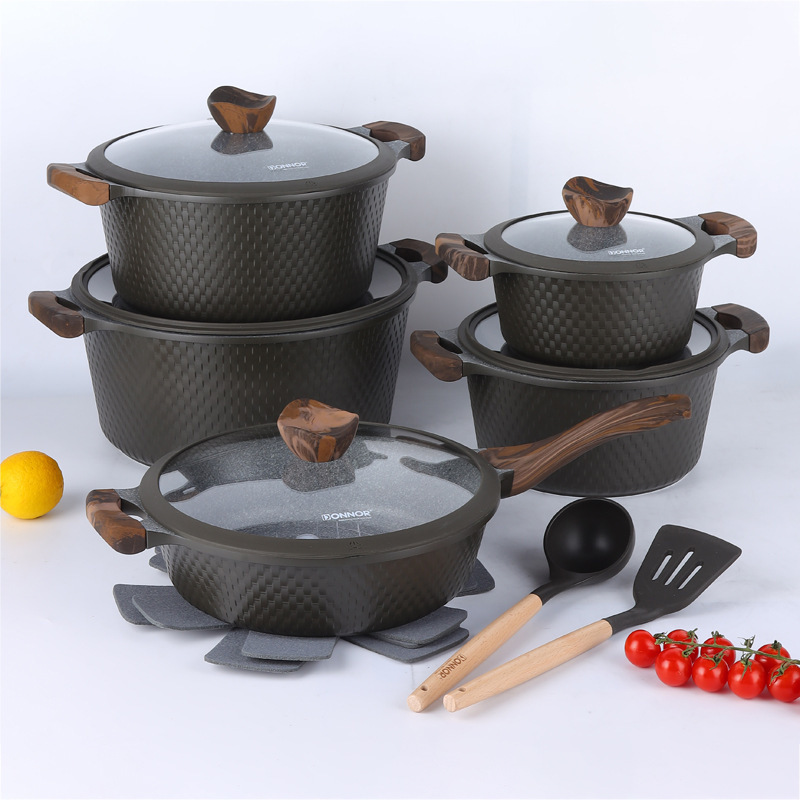Juego de 15 piezas de patrón tejido DONNOR olla antiadherente de fundición a presión de aluminio de vidrio de baquelita olla de aluminio olla de sopa piedra médica granito