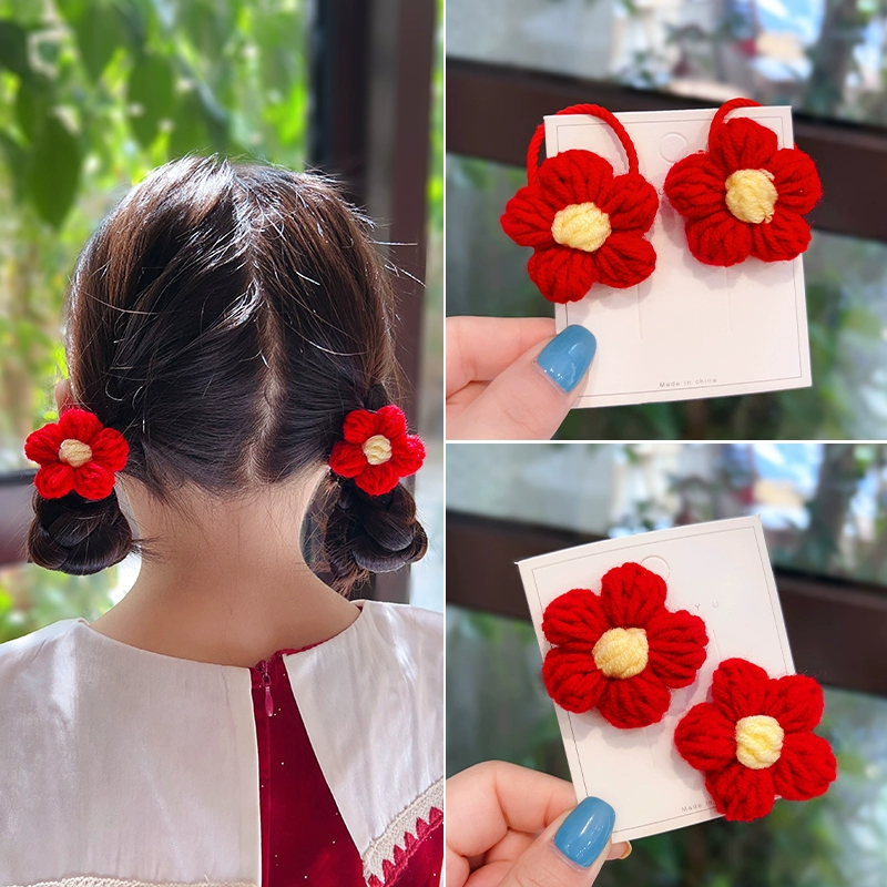 Маленькая красная цветочная колечка для волос Заколка для волос Детские шерстяные цветы головные уборы милые девочки