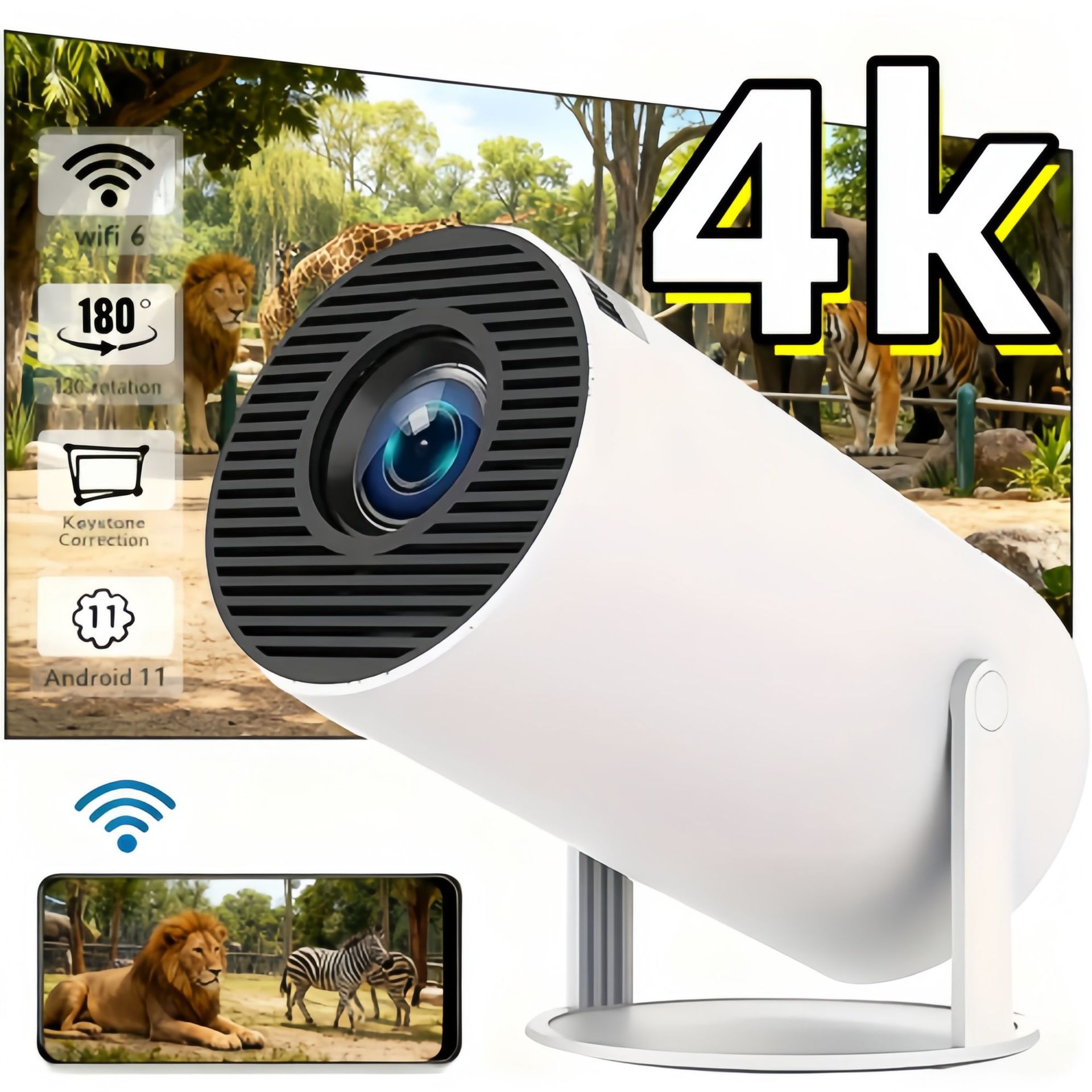 4K Portable 1080P Full Hd Mini Video Projector Wifi 6 with 180 °   Rotating Screen