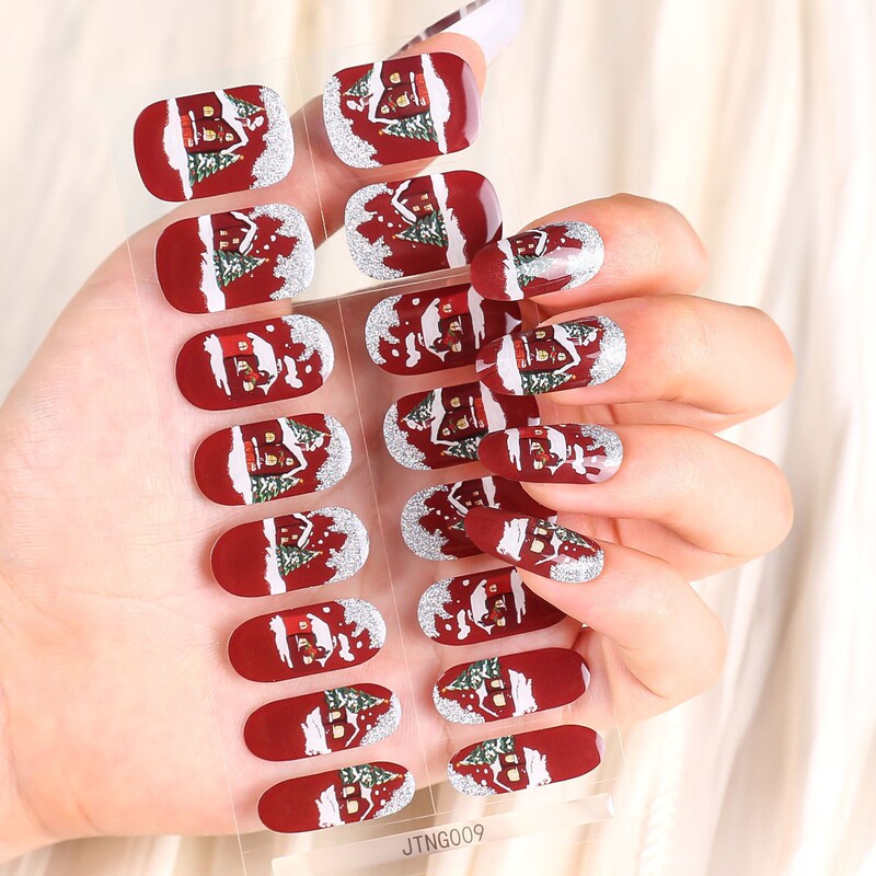 Christmas Nail Art Stickers Semi-Cured Gel Nail Stickers Cross-Border逊Uv Phototherapy Semi-Baked Nail Stickers 16 Finger Stickers