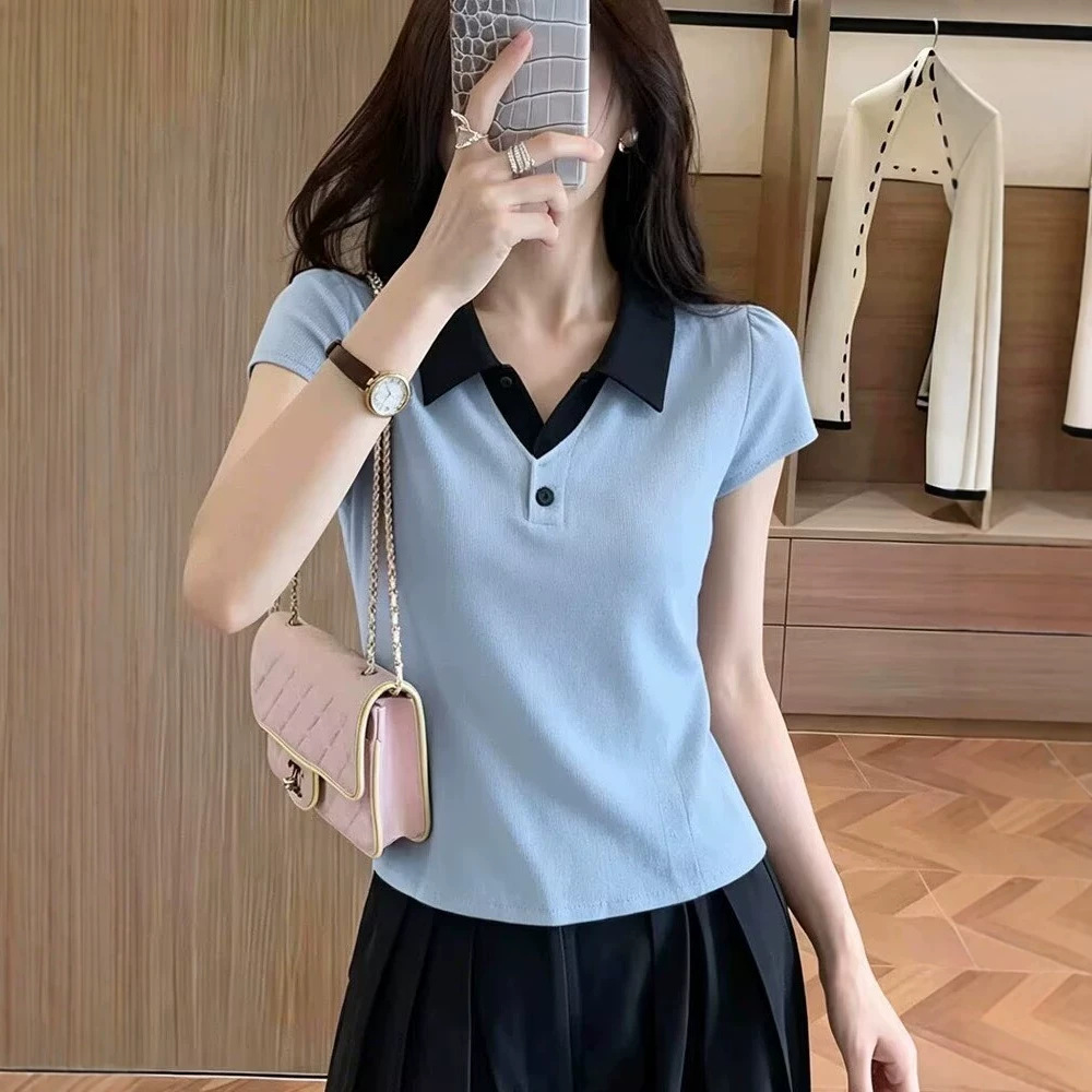 Áo polo nữ tay ngắn cổ lật phối màu phong cách Hàn Quốc — xanh lam chi tiết 2
