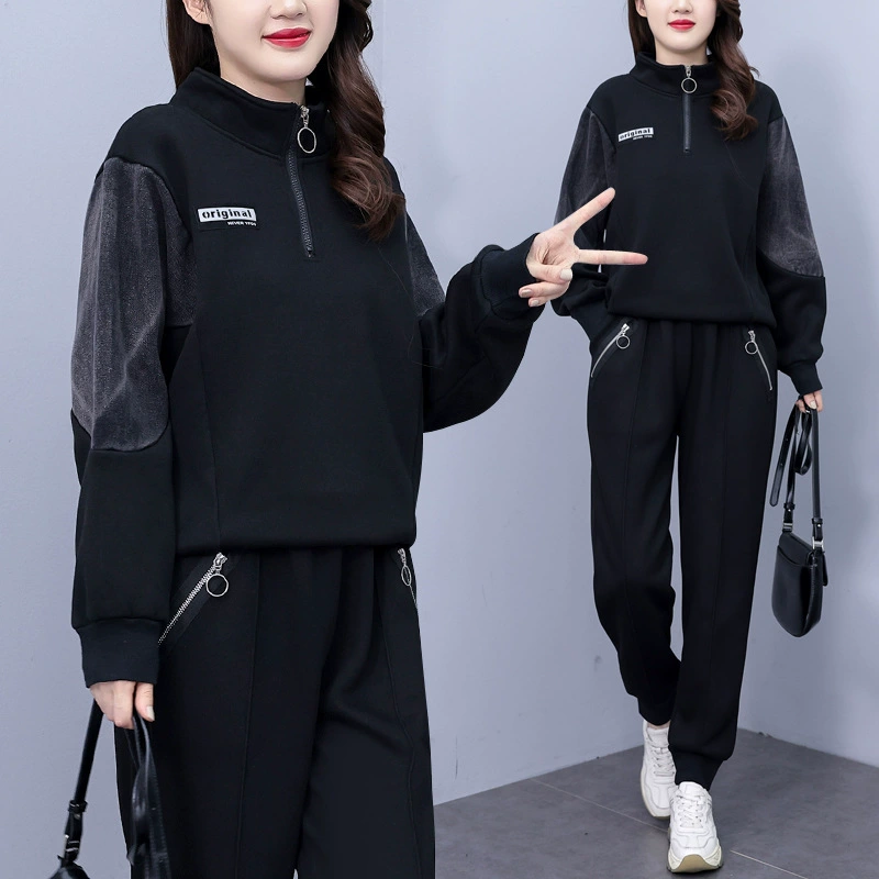 Winter set, fleece denim sweatshirt, plus size, increased thickness