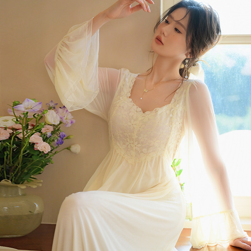 French Pajamas Princess Style Sweet Mesh Women's Long-sleeved Pajamas Home Clothes Nightdress Women Can Be Worn Outside Spring And Autumn Style