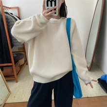温柔风日系宽松圆领毛衣女秋冬加厚慵懒风纯色百搭外穿套头针织衫