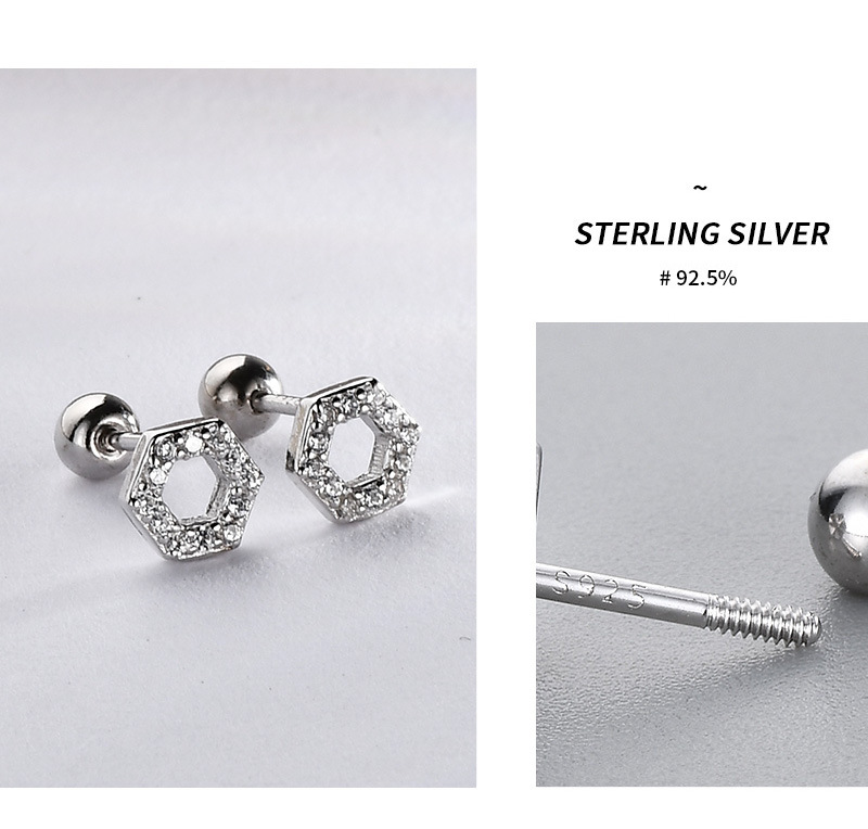 Zircon Inlay Material 1 Pair 925 Sterling Silver Zircon Hexagon Round Heart Shape Ear Studs