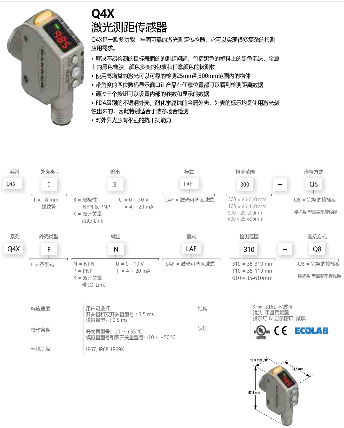 邦纳BANNER，Q4X系列激光传感器Q4XTBLAF100/300/500/600Q8现货阿里巴巴