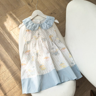 Cartoon Puppy Color Contrast Sleeveless Girl's dress 2025 Summer Doll Collar Cute Baby's Outer Wear Cotton Dress