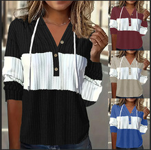 2025秋冬新款亚马逊独立站欧美跨境拼接百搭连衣 帽长袖上衣T恤女