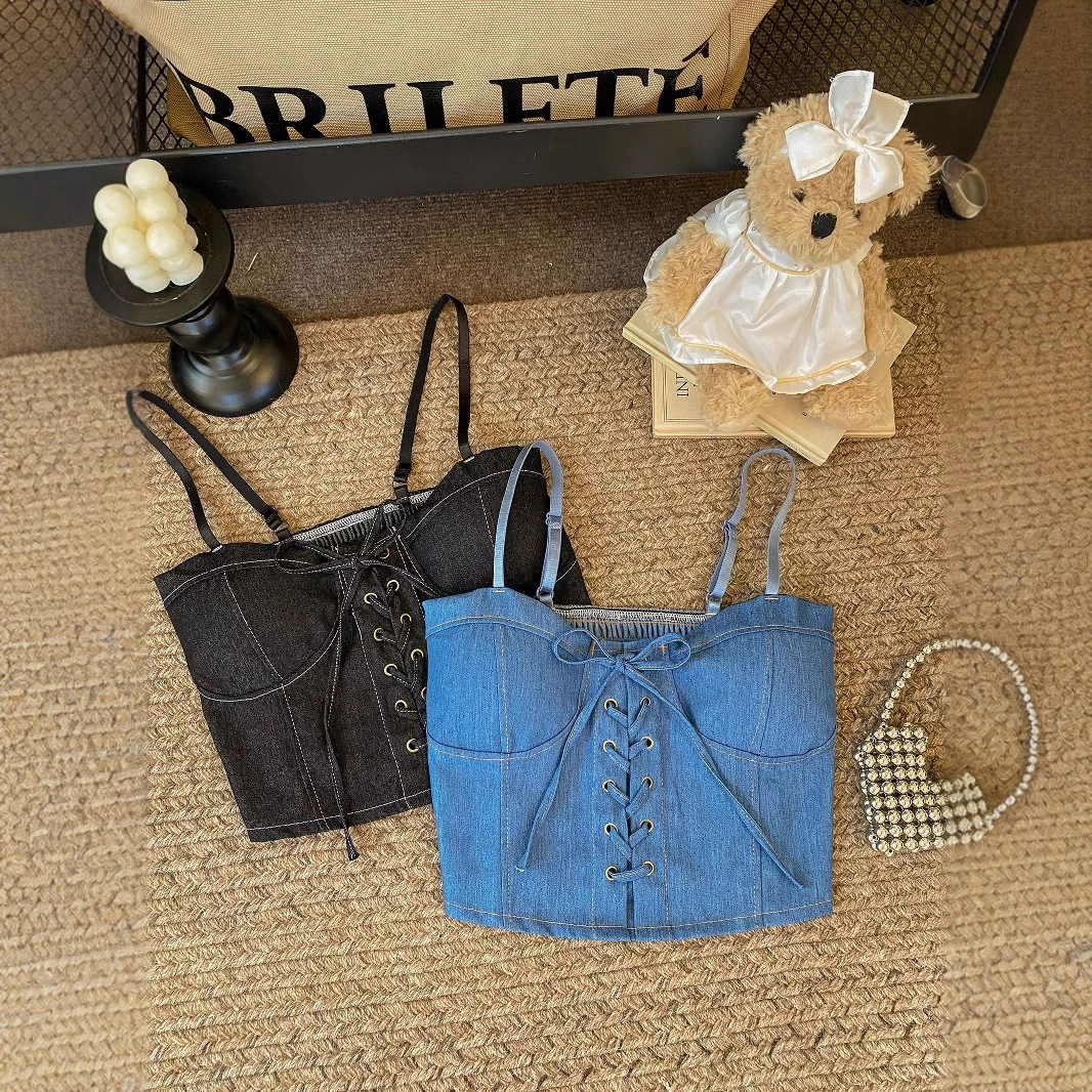 Весенний новый бант с шнуровкой Короткий джинсовый камзол