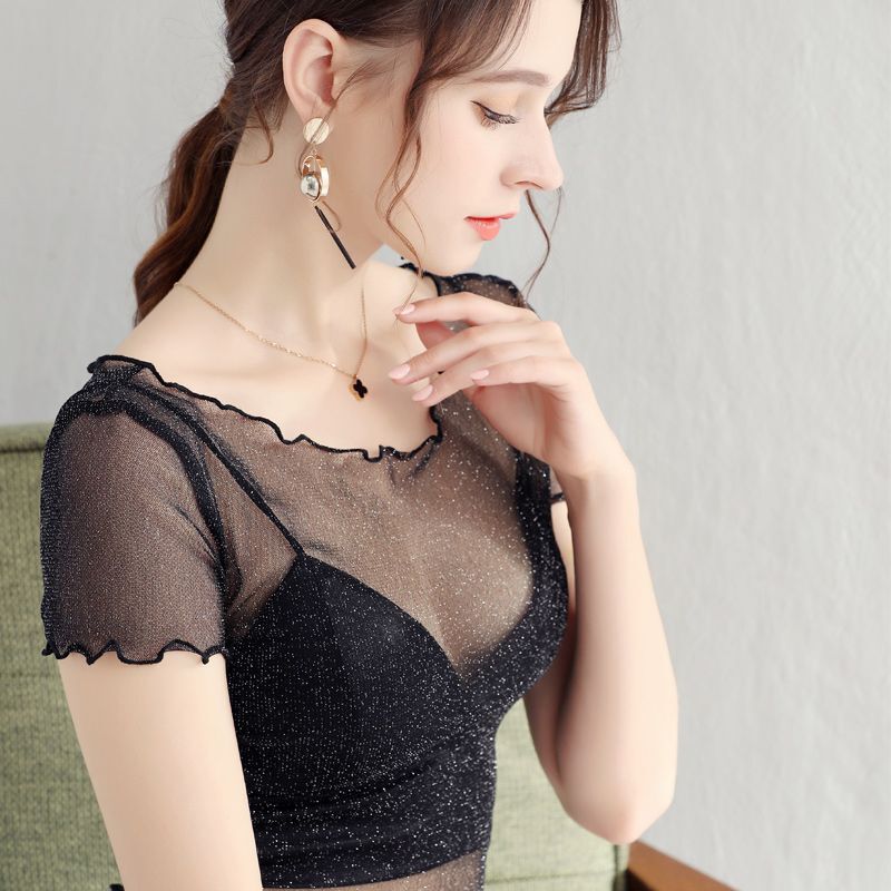 Transparent Top, Sheer Mesh Women's Thin Transparent Half-Mesh Undershirt, Women's Cover-Up, Tight-Fitting Sexy Lace Inner Top