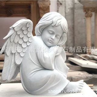 定制石雕汉白玉坐天使 墓园纪念天使雕塑 庭院欧式石材天使摆件