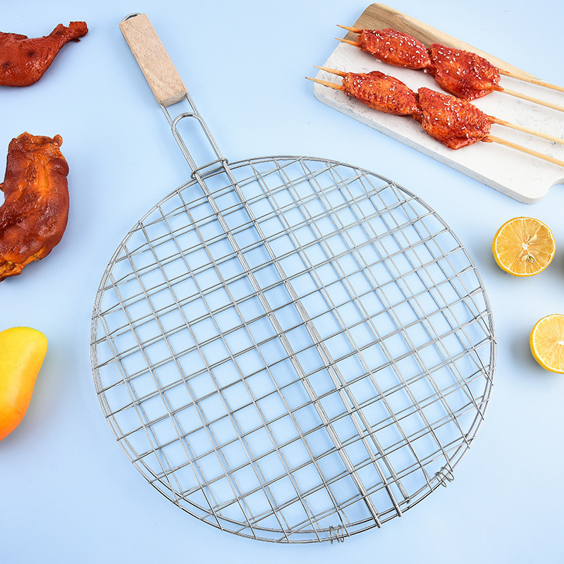 メーカー卸売ステンレス鋼焼き魚ネットラウンド木製ハンドルバーベキューバーベキューネットクリップベジタリアンステーキネットバーベキューツール|undefined
