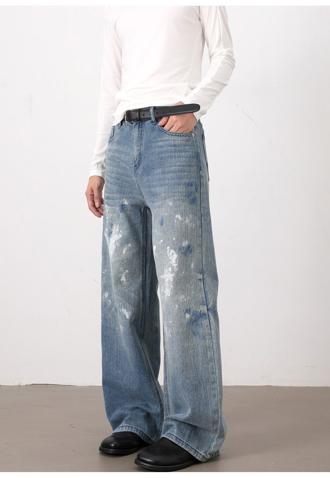 Quần jeans nam ống rộng dáng thẳng phong cách Hàn Quốc, họa tiết vẽ tay độc đáo — Màu xanh dương chi tiết 12