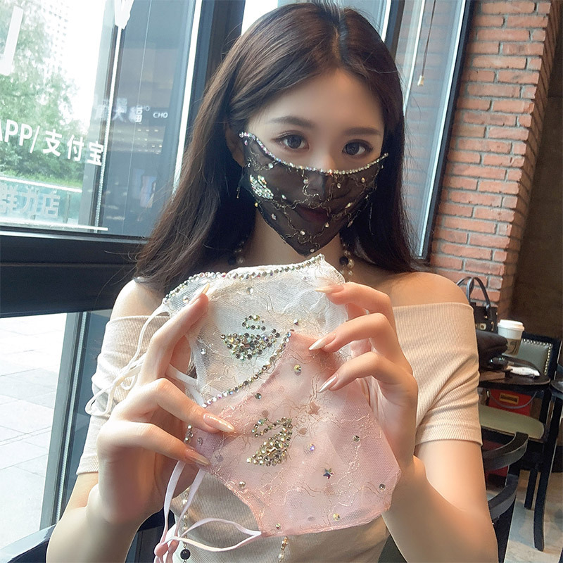 生活日常裝飾帶鑽2023新款洋氣閃亮鋯石網紗透氣蕾絲面紗女