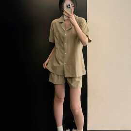 高级感简约条纹睡衣女夏季新款短袖短裤家居服大码可外穿套装夏天