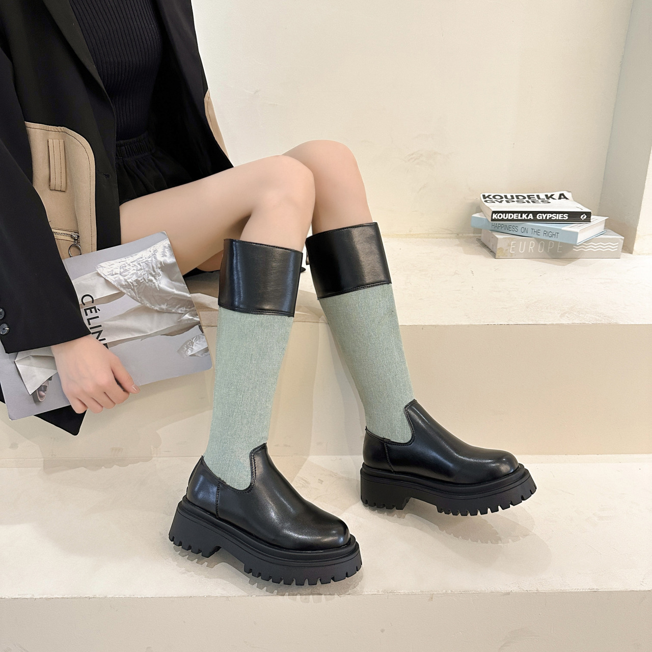 Autumn fashionable two-tone universal high boots made of soft…