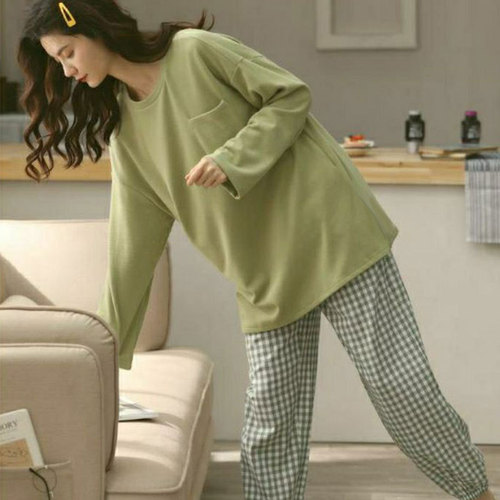 Simple and Casual Spring and Autumn Season Women's Han Style Solid Color Grid Control Long Sleeve Sleepwear Set Can Be Worn Outside Loose Home Wear Set