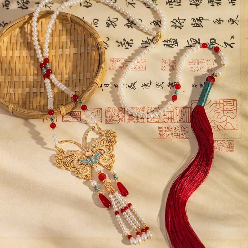 古风背云长流苏璎珞项链蝴蝶软璎珞耳环套装汉服配饰国风首饰21.9