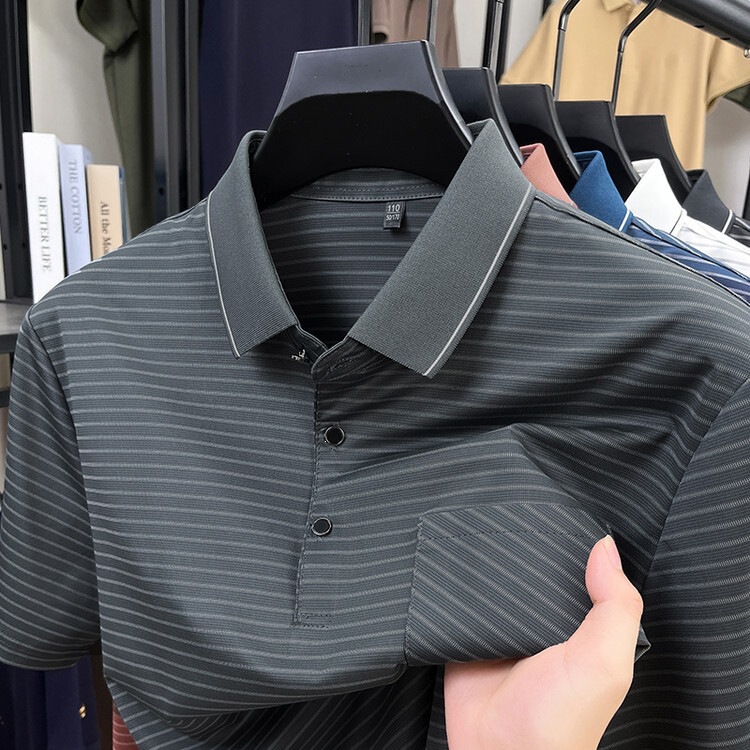 Father's Day Ice Silk Short-Sleeve T-Shirt for Men, Summer Thin Striped Polo Shirt with Real Pockets, Dad's Style Top