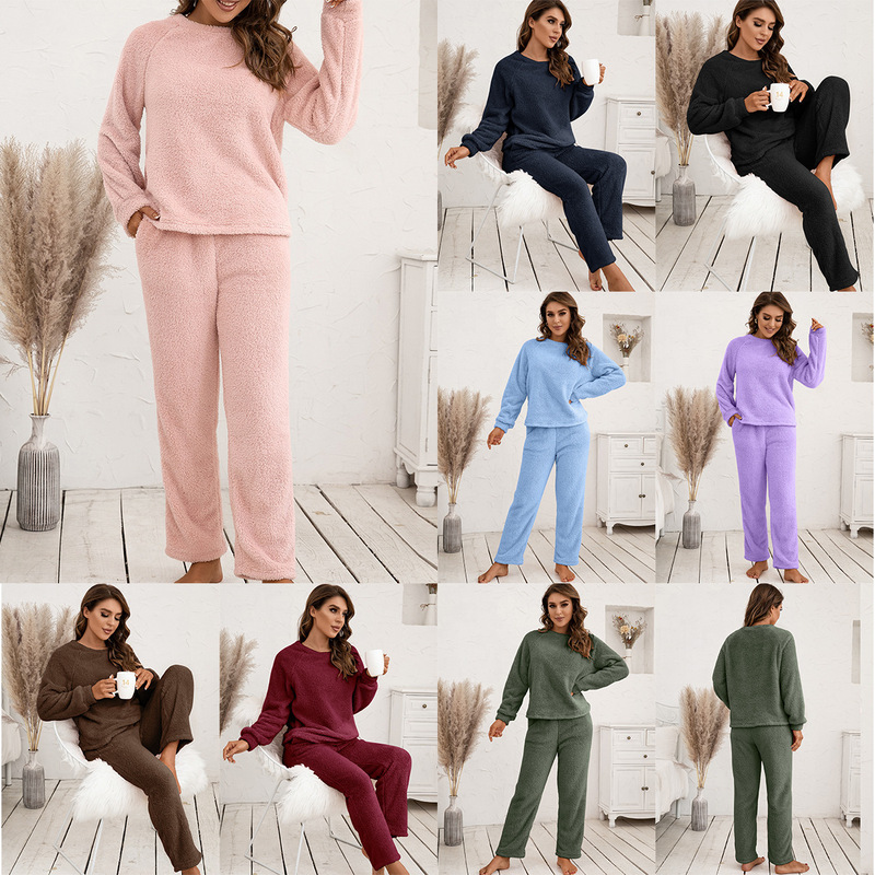 Amazon cross-border woolen sweater suit loose casual home wear double-sided plush two-piece set for women