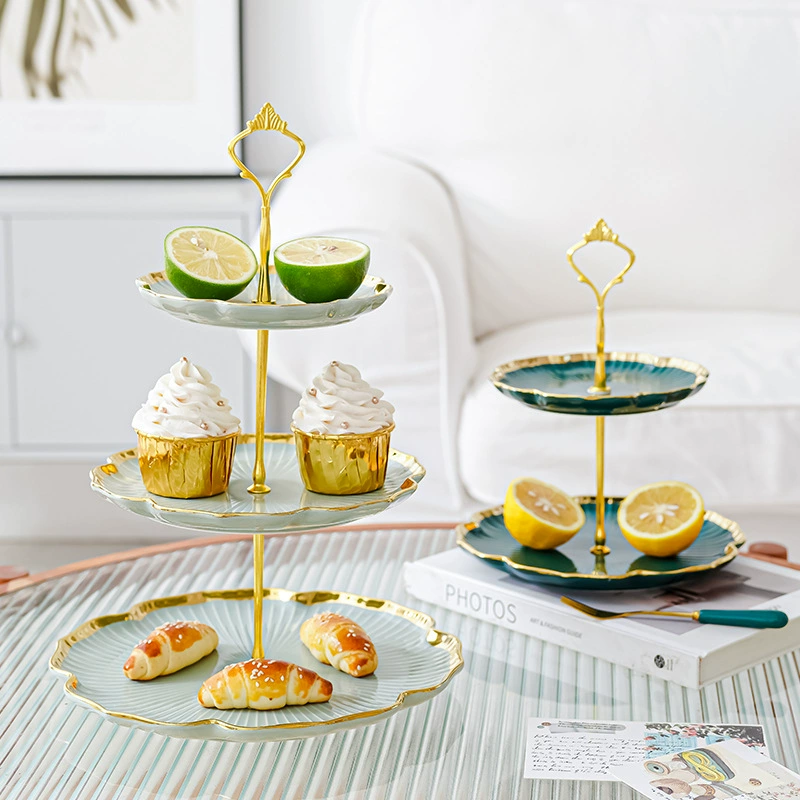 Multi-tier ceramic serving stand Nordic, 2–3 layer gold-trim dessert plate