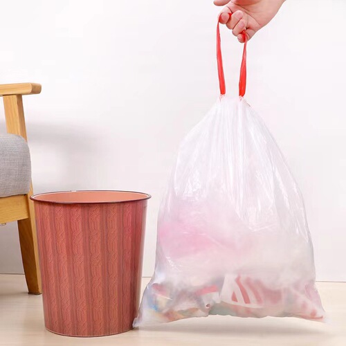 Automatic closure drawstring plastic bag for household use, thickened kitchen disposable large size rope-through plastic garbage bag
