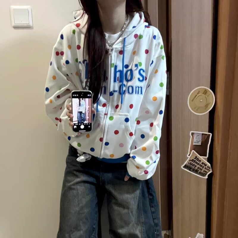 美式彩色波点字母刺绣连帽卫衣女春秋2025新款宽松百搭开衫外套潮|undefined